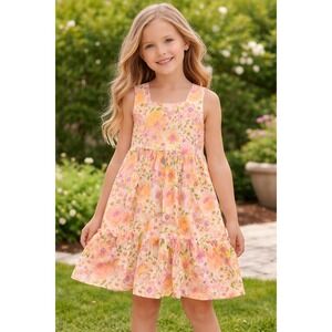 Flapdoodles Girls Floral Tiered Sundress Pink Orange Size 8 Cutout Back Easter